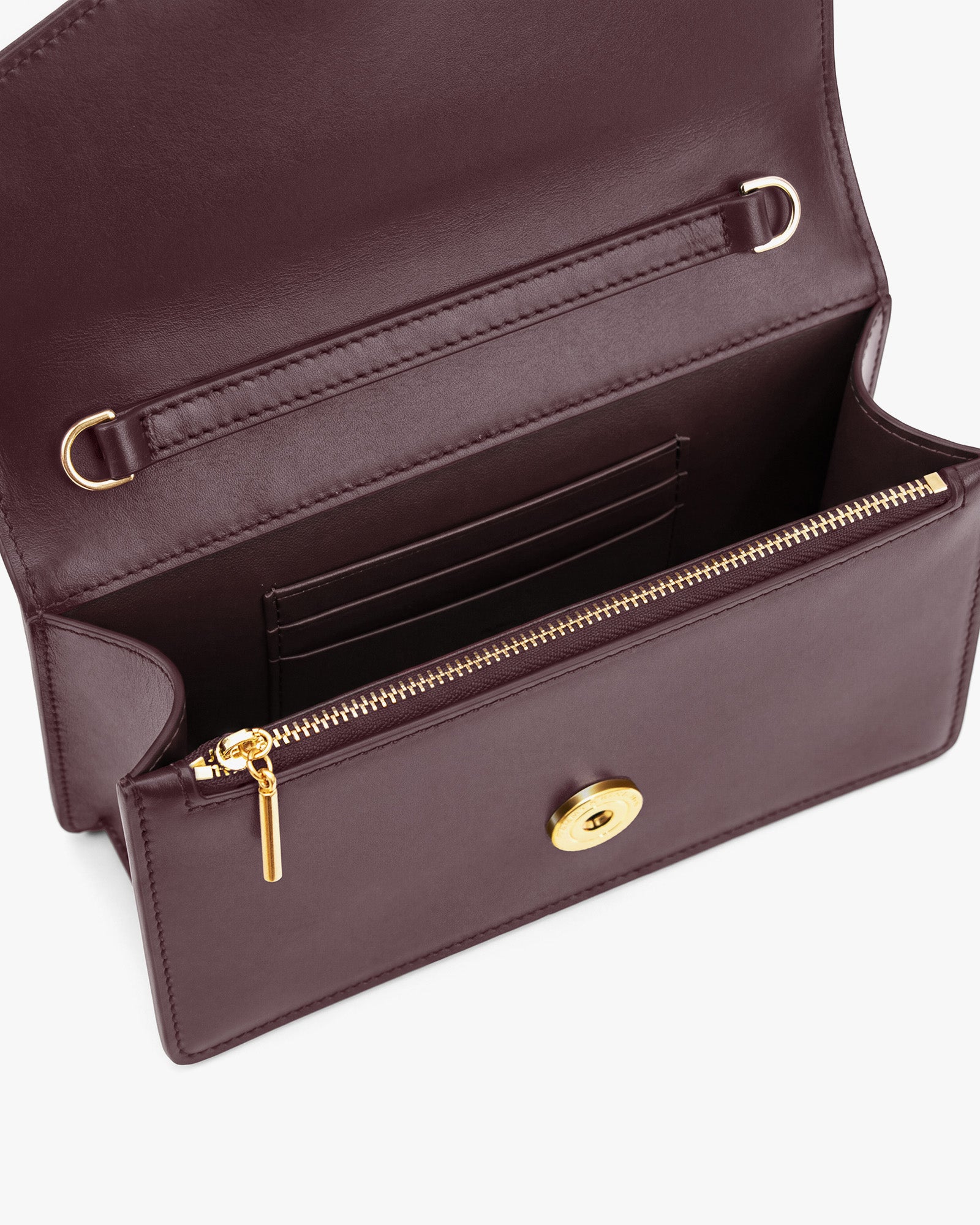 ELEANOR bag in Aubergine, open view showing card holder, zip pocket and gold clasp