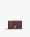 ELEANOR bag in Aubergine, front view, standing, with gold Marble Arch clasp and removable chain
