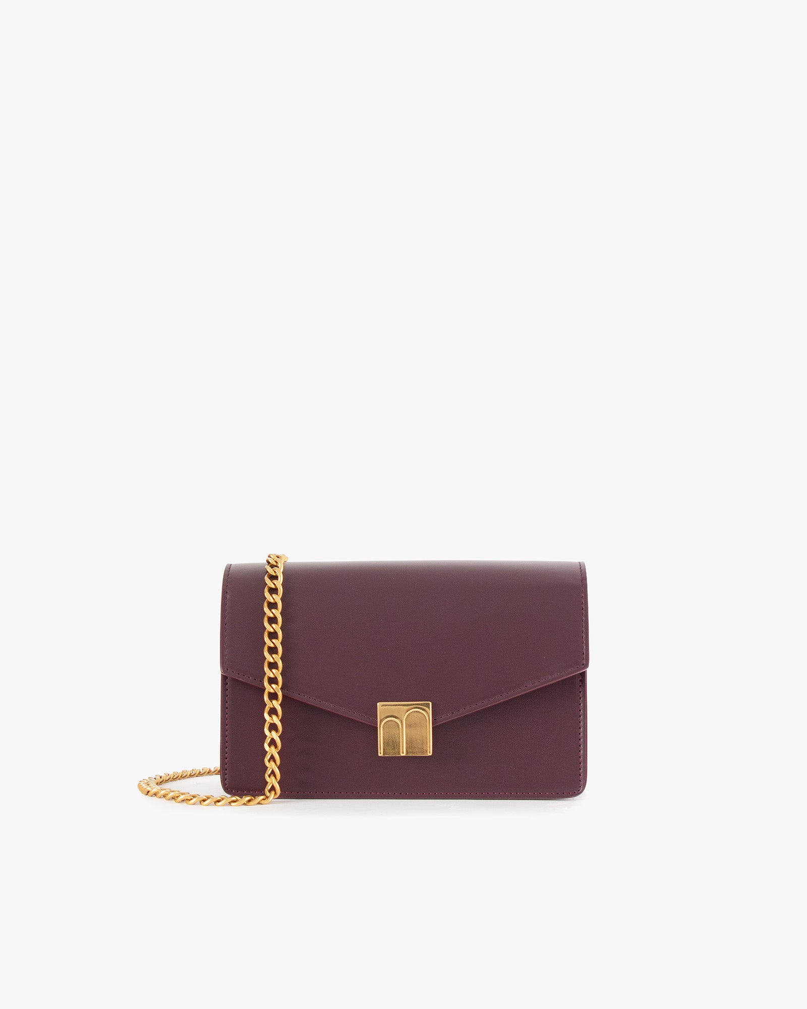 ELEANOR bag in Aubergine, front view, standing, with gold Marble Arch clasp and removable chain