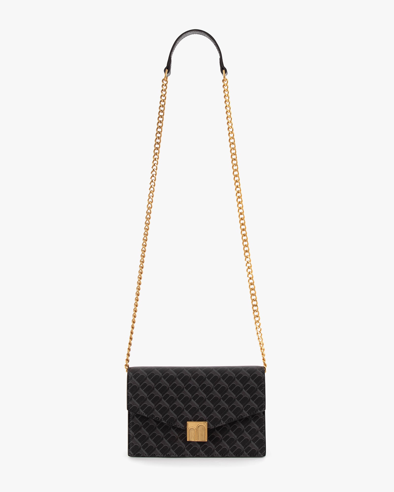 ELEANOR bag in black monogram coated canvas, worn crossbody with gold chain