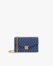 Sac ELEANOR en toile enduite Marble Arch bleu, vue de face avec chaîne amovible et fermoir doré