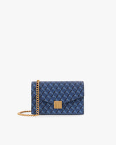 Sac ELEANOR en toile enduite Marble Arch bleu, vue de face avec chaîne amovible et fermoir doré