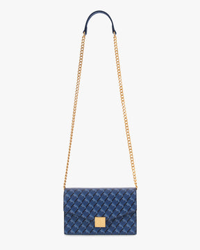 Sac ELEANOR Bleu avec chaîne amovible et repose-épaule en cuir, porté en bandoulière