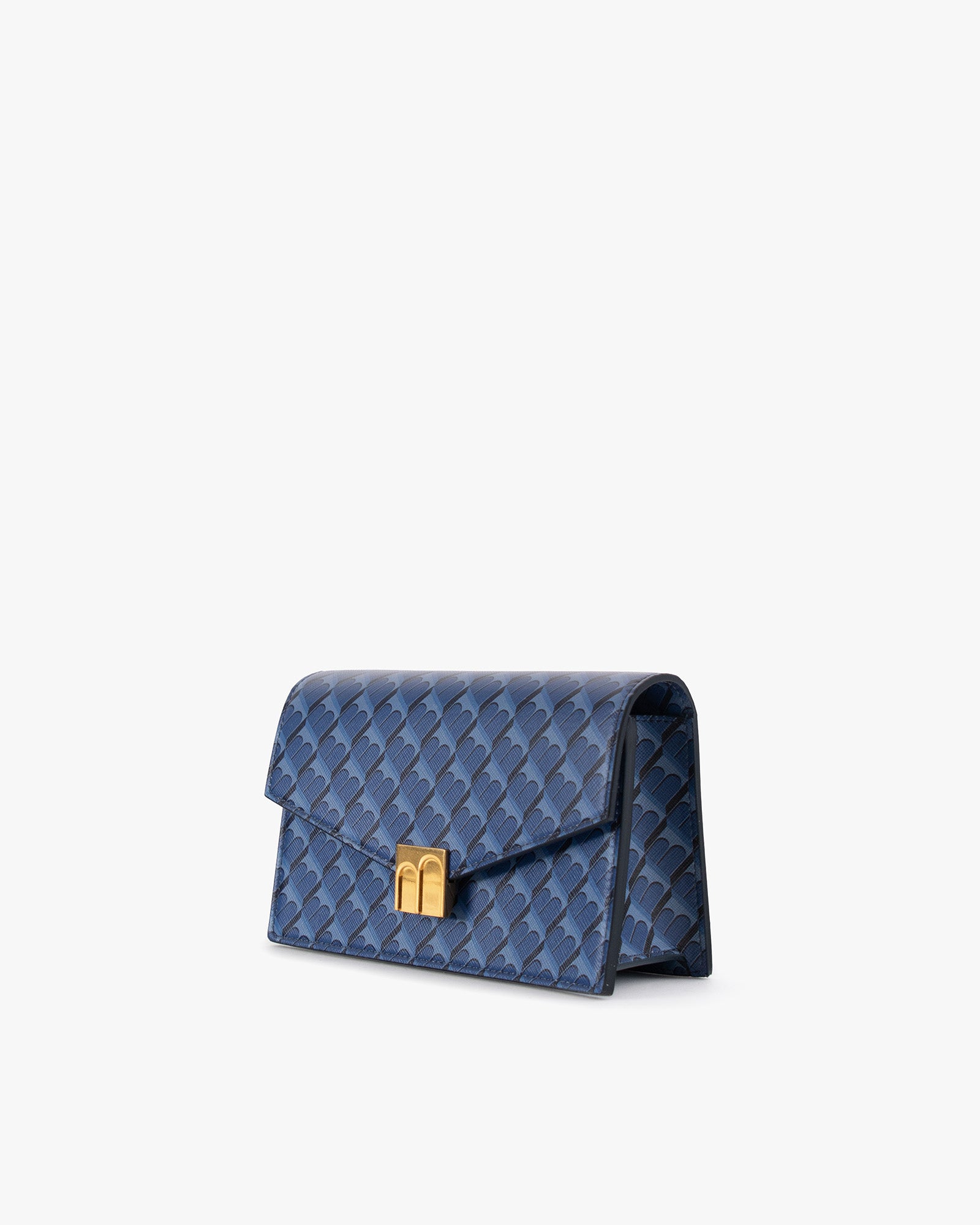 Sac ELEANOR bleu en toile enduite Marble Arch, vue de profil posé, fermoir doré visible
