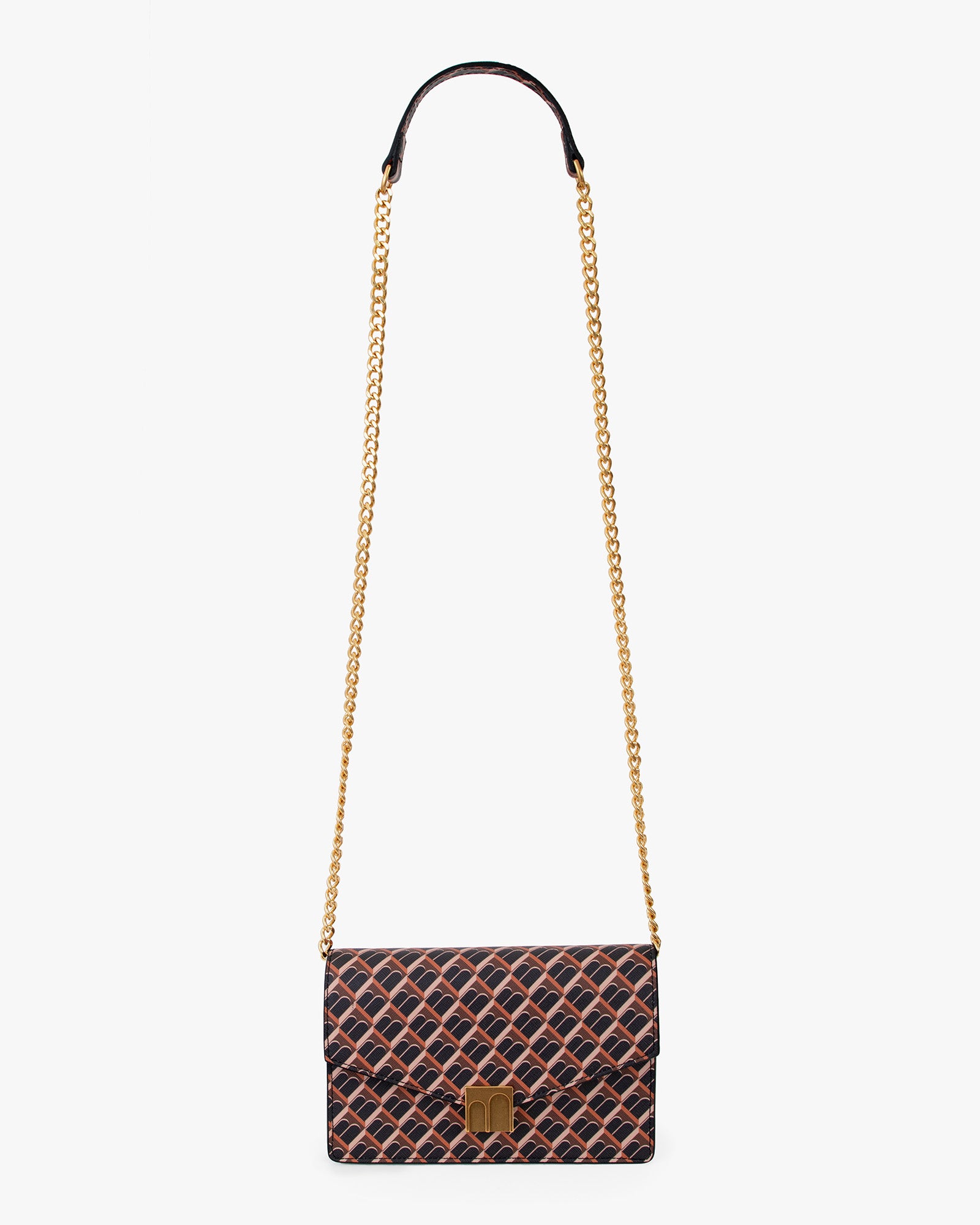 Sac ELEANOR brun et noir, chaîne dorée amovible et repose-épaule en cuir, posé
