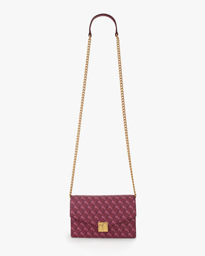 Sac ELEANOR Bordeaux suspendu par sa chaîne dorée, vue de face, fermoir Marble Arch