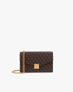 ELEANOR bag in Chocolate monogram, front view, Marble Arch clasp, removable chain