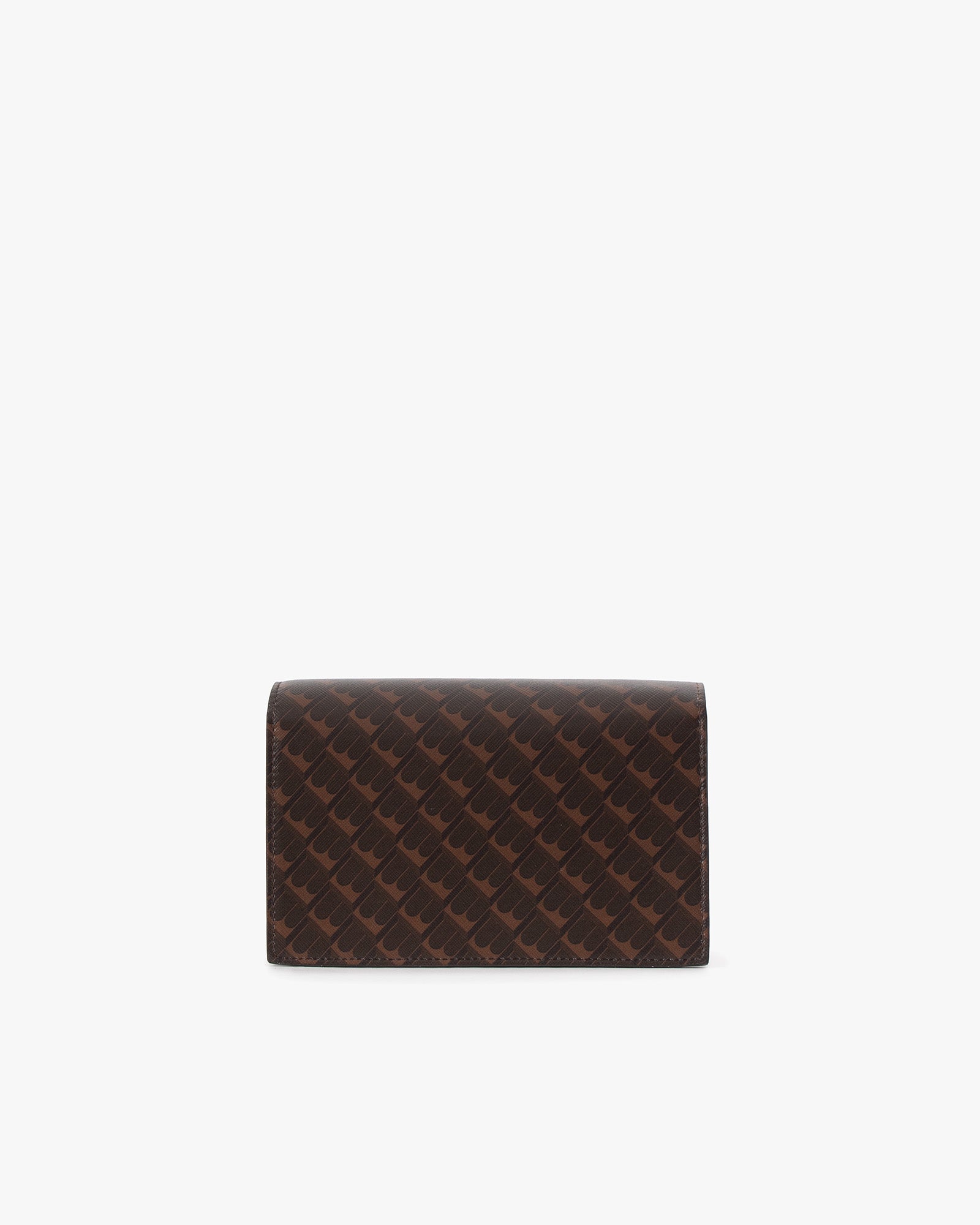 ELEANOR bag in Chocolate monogram, front view, flap closed, coated Marble Arch canvas