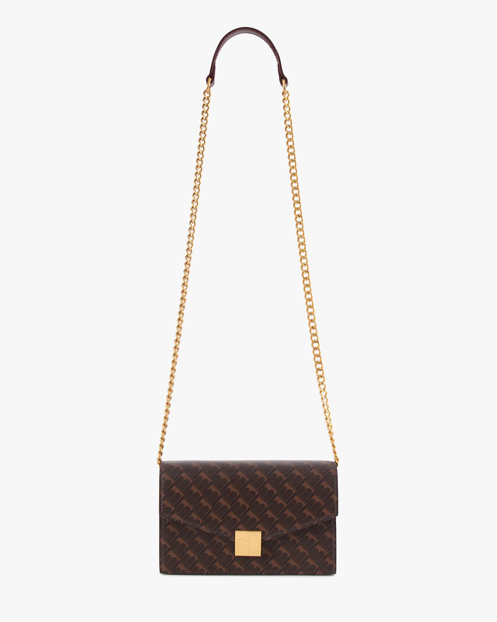 ELEANOR bag in Chocolate monogram, hanging by its gold chain and leather shoulder strap