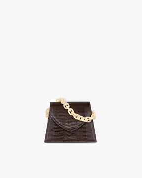 Sac GABRIELLE brun embossé lézard, vue de face, posé, avec chaîne courte amovible crème
