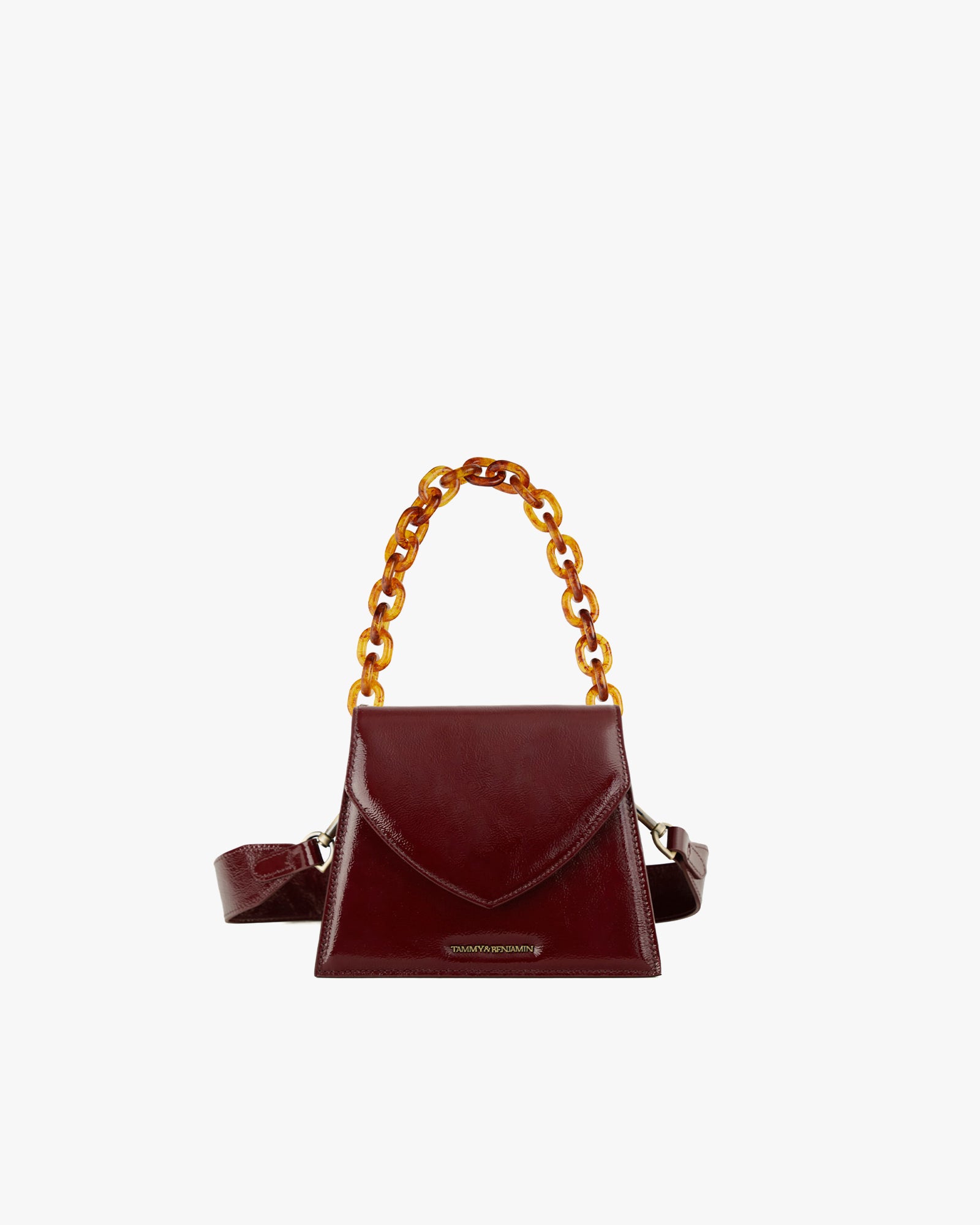 GABRIELLE bag in burgundy naplak leather, front view, detachable chain handle, standing