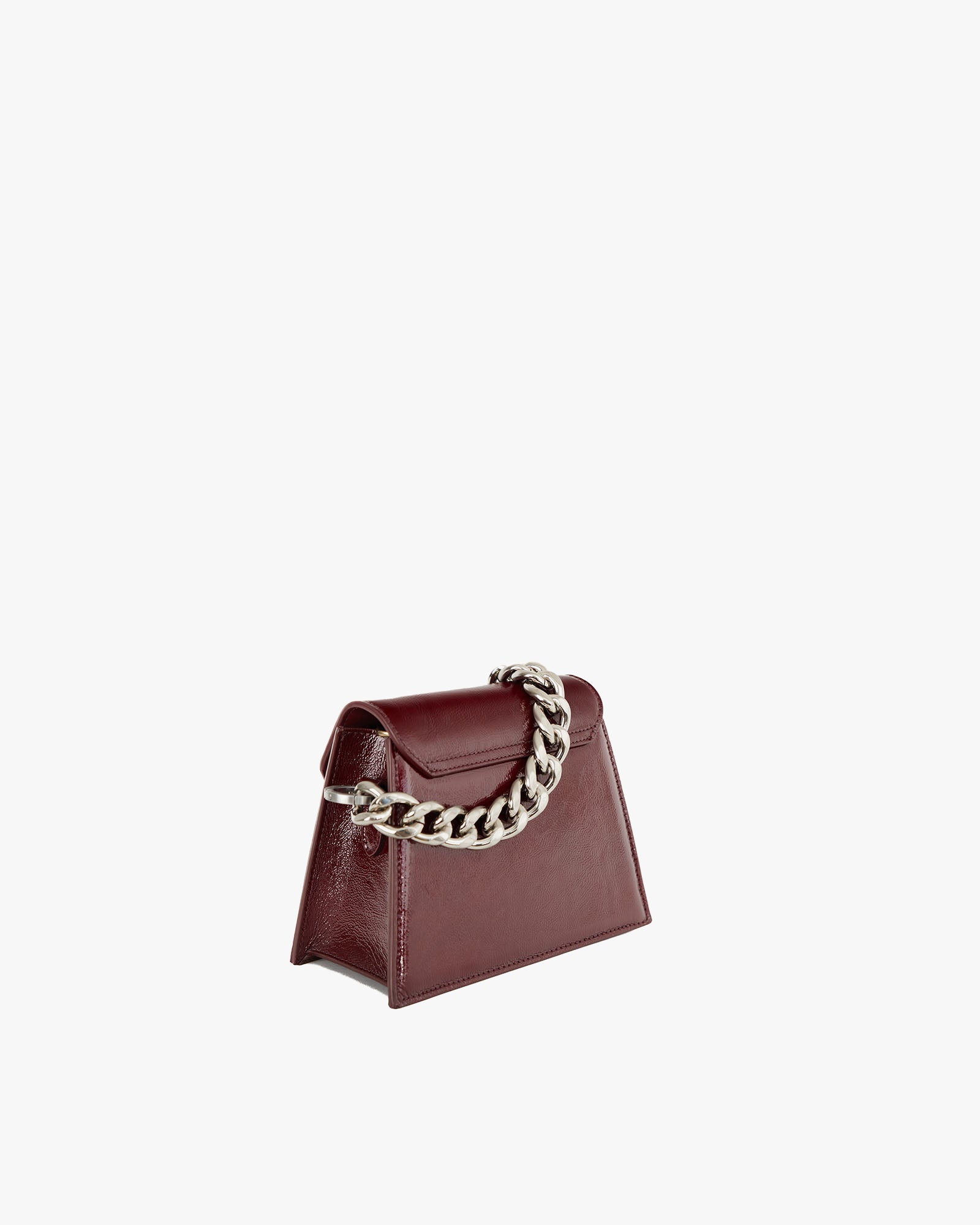 GABRIELLE bag in burgundy naplak leather, side view, standing, with detachable silver-tone chain strap