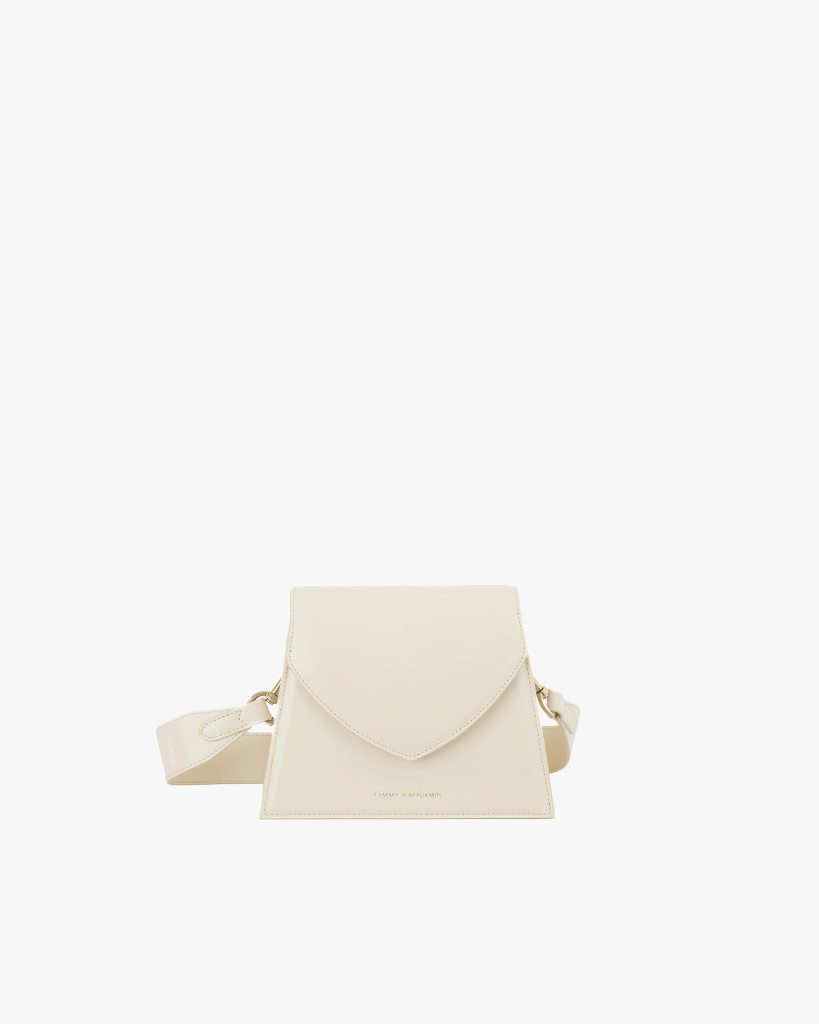 GABRIELLE bag in ivory, front view, pointed flap, shown with adjustable shoulder strap