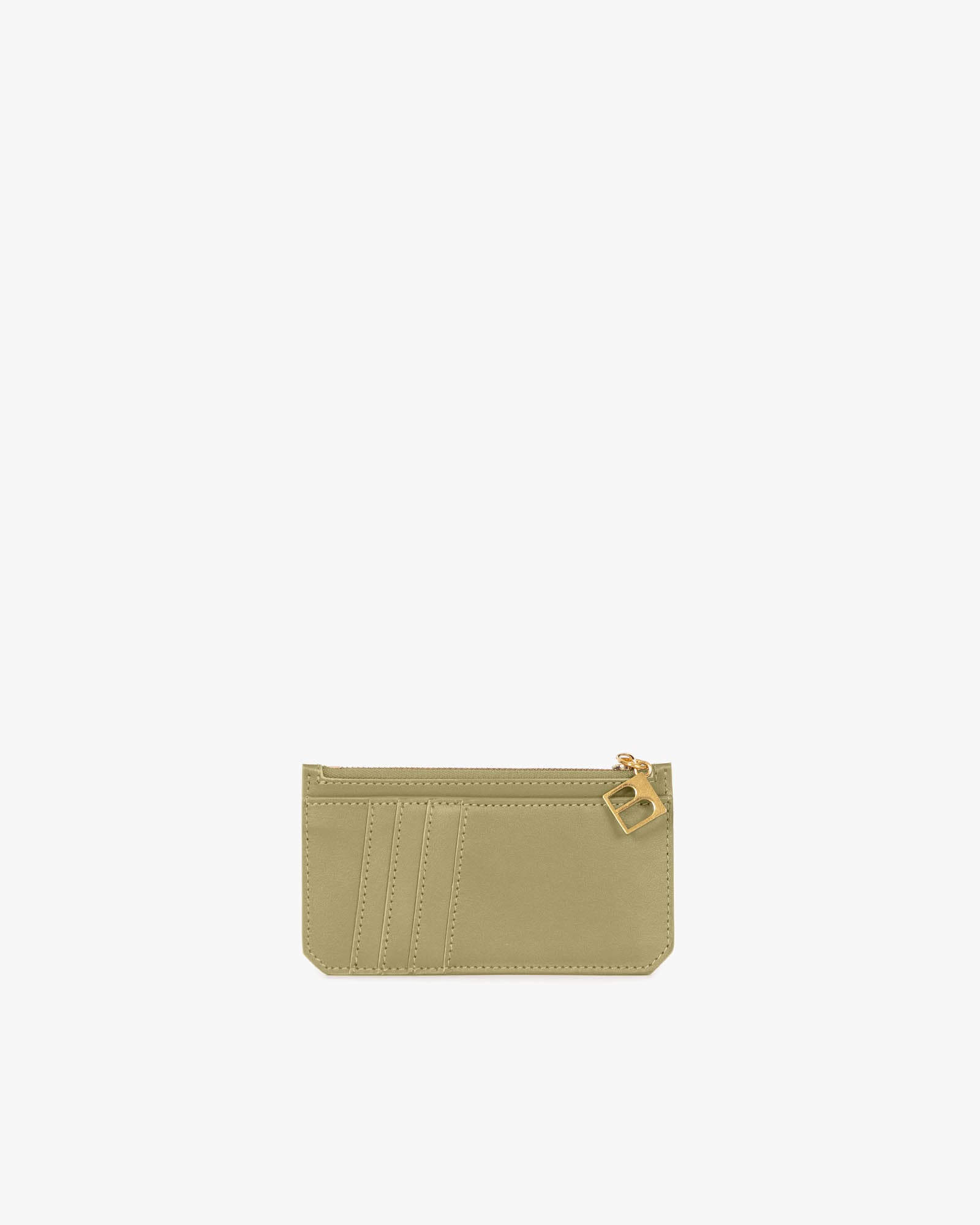 Porte-cartes JAMIE Limestone en cuir, vue de face avec fermeture zippée et breloque dorée