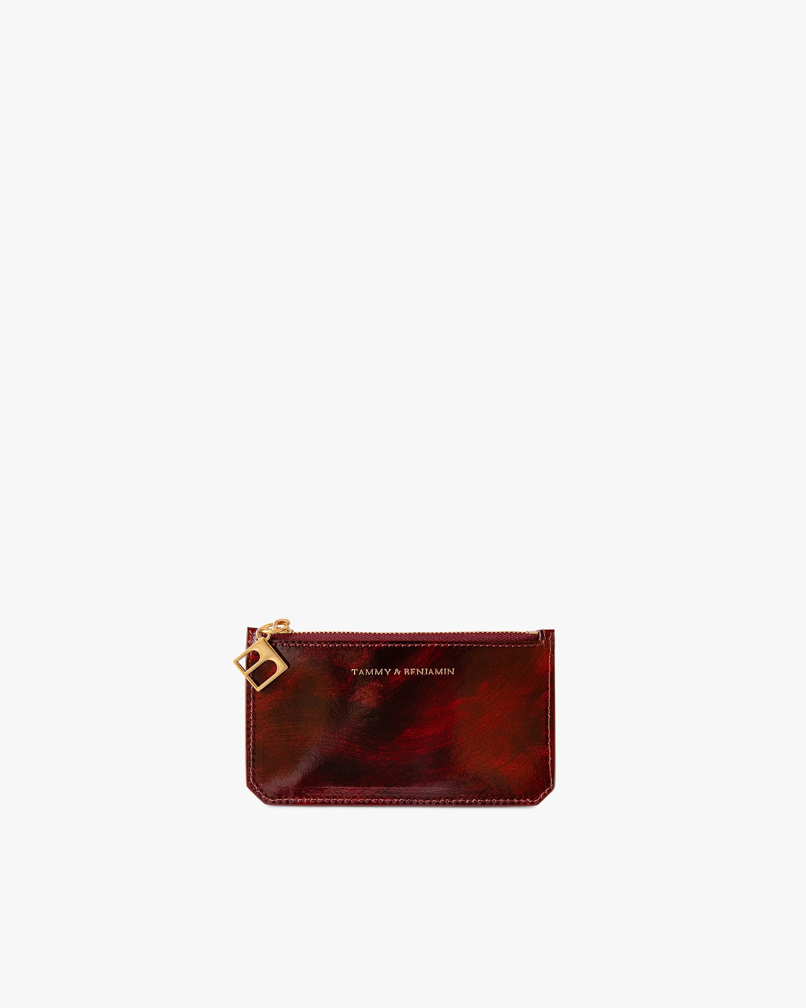 Porte-cartes JAMIE Marbre en cuir pleine fleur, vue de face avec fermoir zippé et breloque dorée