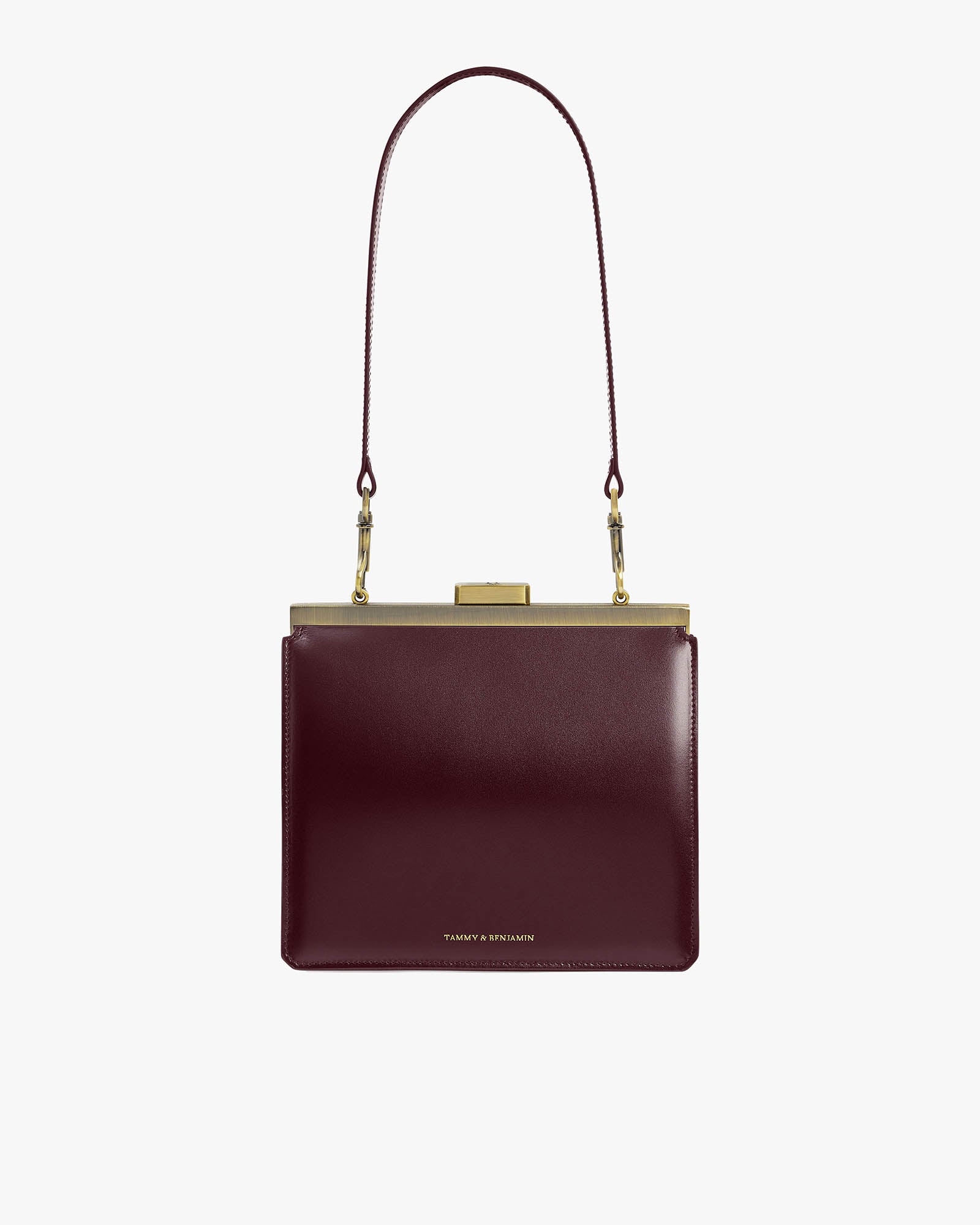 Sac JEANNE Mahogany de face, fermoir métallique doré, porté en bandoulière longue