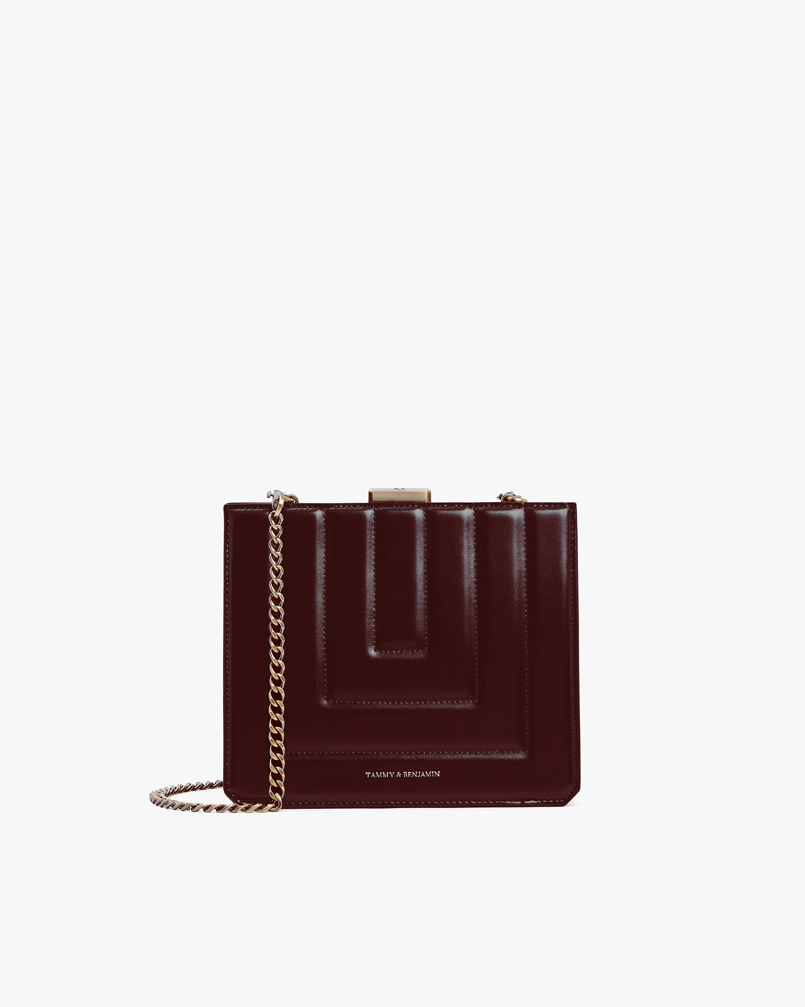 JUDE bag in mahogany quilted leather, front view, gold clasp, detachable chain strap