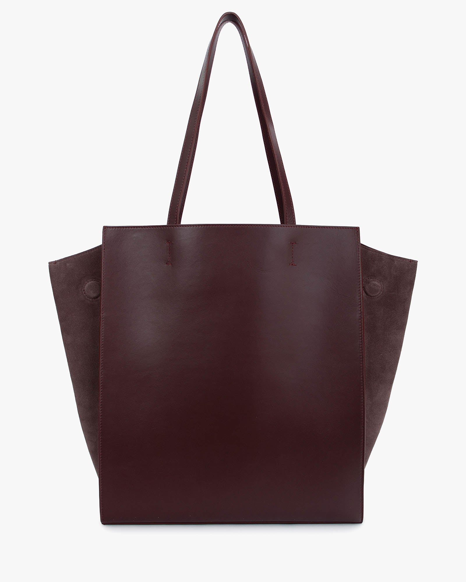 Sac cabas LEXI GM Aubergine de face, anses portées, ailes en cuir et panneaux en suède