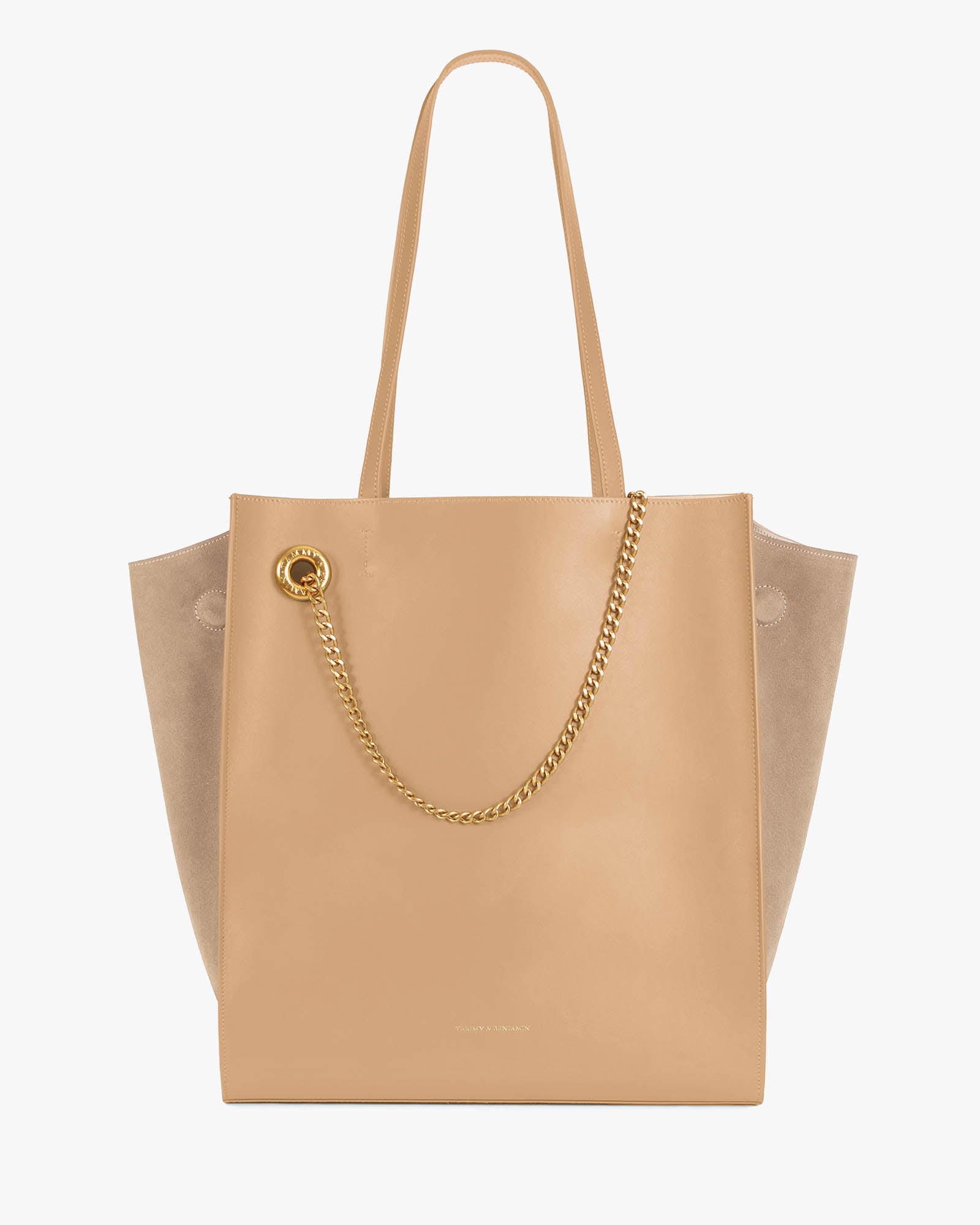 LEXI GM tote bag in beige, front view, shoulder straps, removable chain and suede side panels