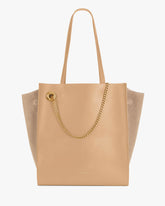 LEXI GM tote bag in beige, front view, shoulder straps, removable chain and suede side panels