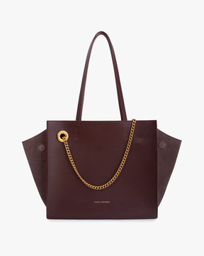 Sac LEXI MM Aubergine de face, cuir et suède, chaîne amovible dorée, anses portées à l'épaule