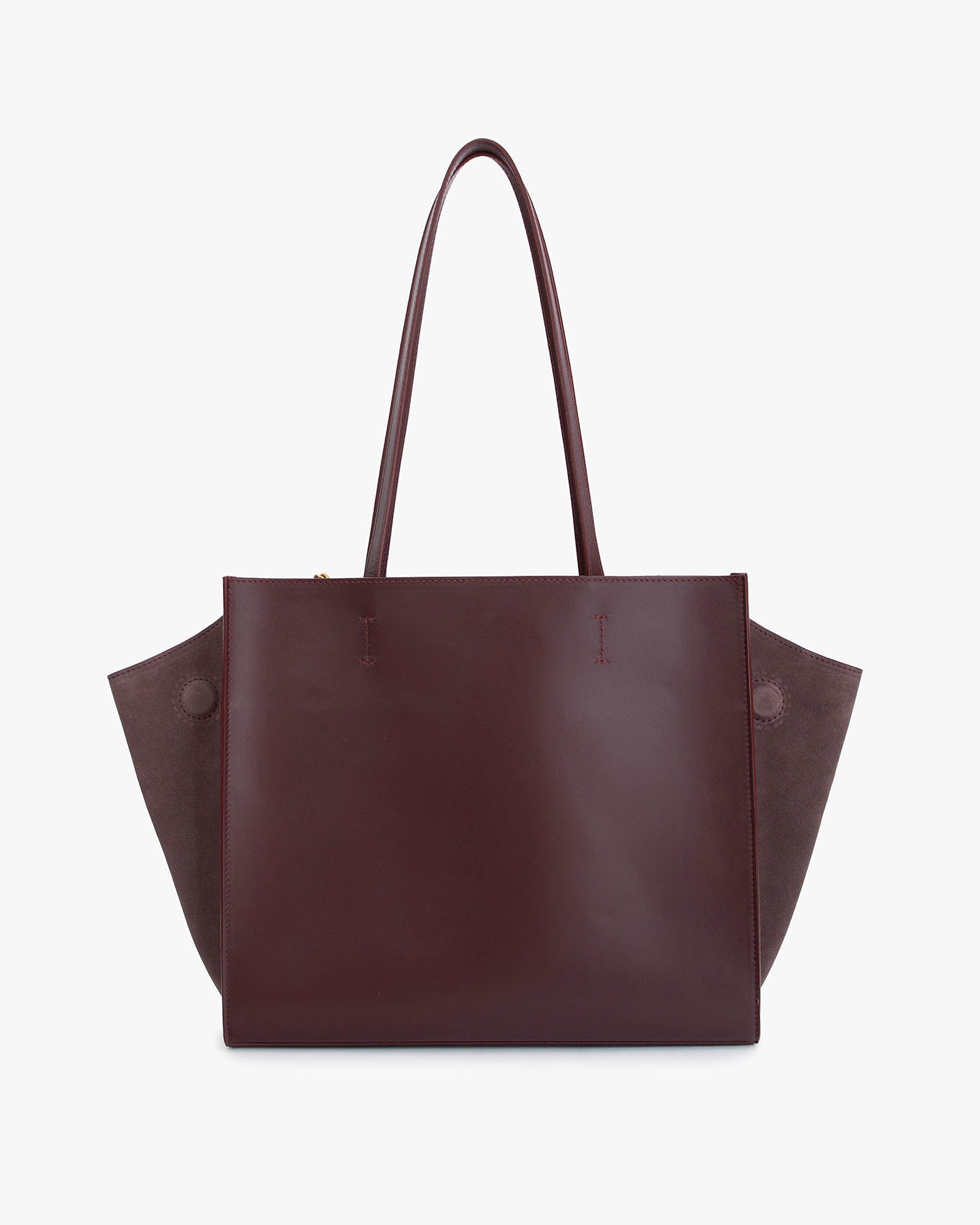 Sac cabas LEXI MM Aubergine de face, anses portées, ailes en cuir et panneaux en suède