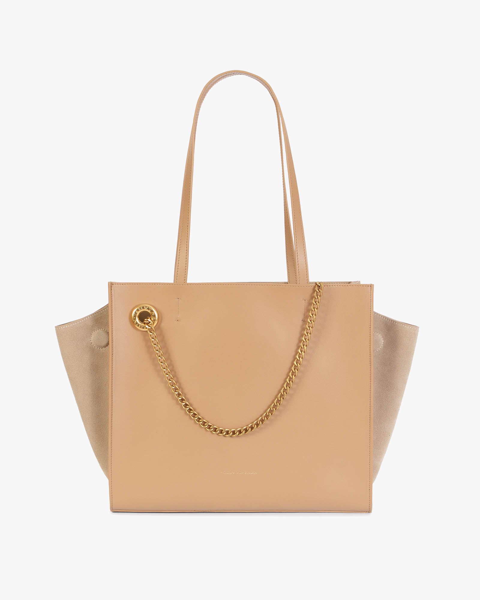 Sac cabas LEXI MM en Beige, vue de face, panneaux latéraux en suède et chaîne amovible dorée