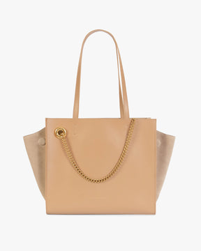 Sac cabas LEXI MM en Beige, vue de face, panneaux latéraux en suède et chaîne amovible dorée