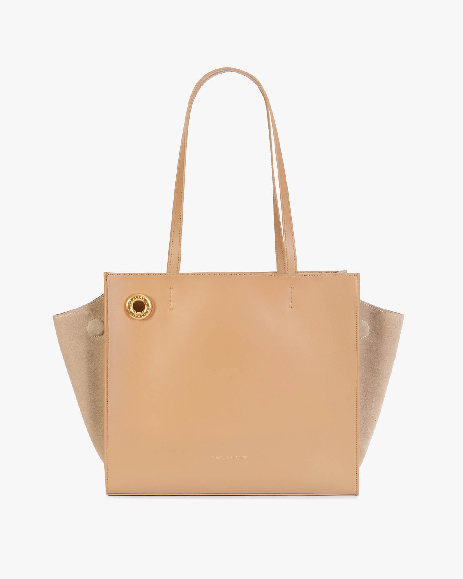 Sac LEXI MM Beige, vue de face, posé, anses longues en cuir, ailes latérales en suède