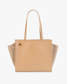 Sac LEXI MM Beige, vue de face, posé, anses longues en cuir, ailes latérales en suède