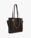 Sac LEXI MM Chocolat, vue de trois-quarts, panneaux en cuir et suède, chaîne amovible dorée