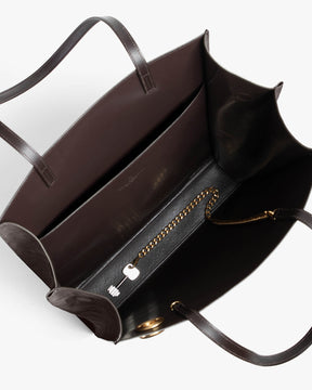 LEXI GM Chocolate, open interior view, zip pocket and removable chain, leather handles