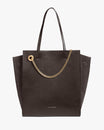 LEXI GM tote in chocolate leather, front view, shoulder straps, removable chain, suede panels