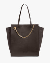 LEXI GM tote in chocolate leather, front view, shoulder straps, removable chain, suede panels