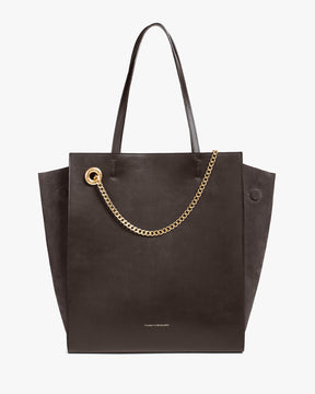 LEXI GM tote in chocolate leather, front view, shoulder straps, removable chain, suede panels