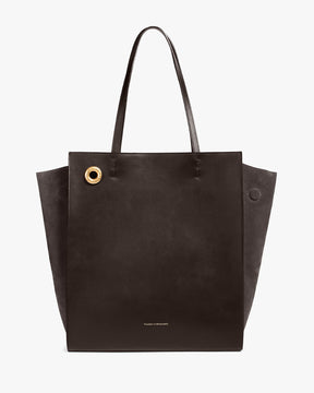 LEXI GM tote in Chocolate, front view, leather straps upright, gold eyelet and suede side panels
