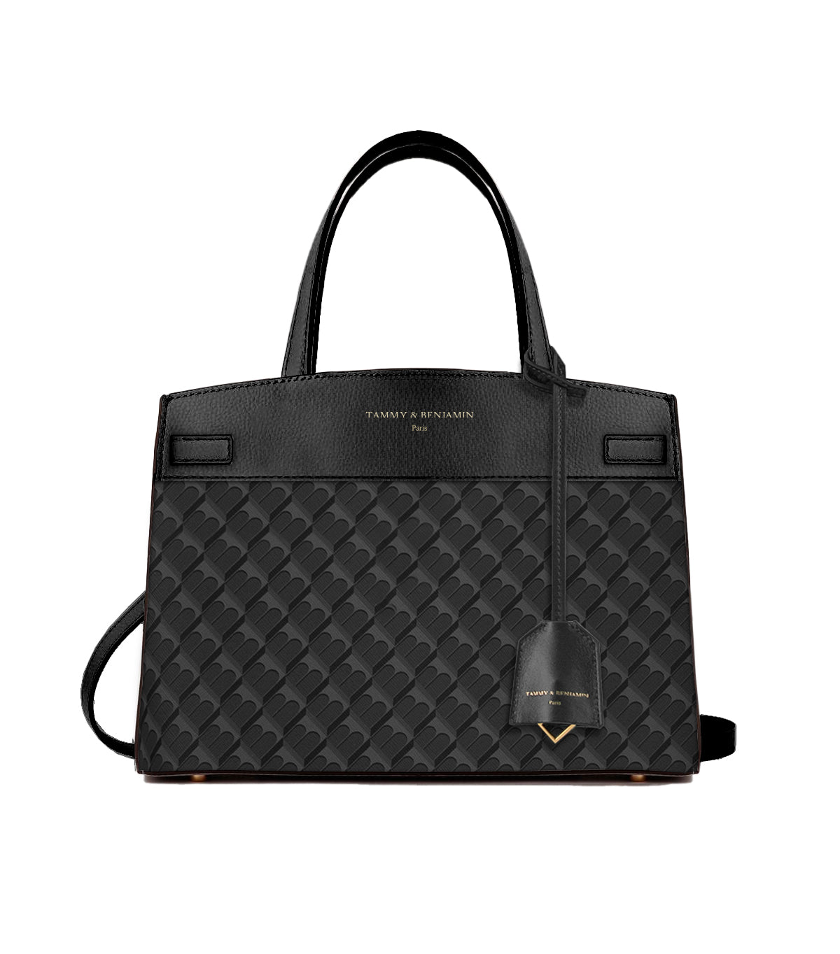 Sac MADISON Noir monogram, vue de face, avec anses courtes et bandoulière amovible