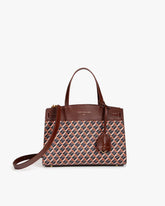 MADISON bag in brown monogram, front view, standing, with short handles and detachable strap