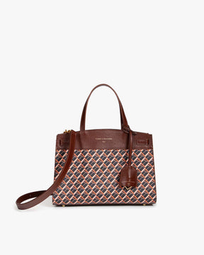 MADISON bag in brown monogram, front view, standing, with short handles and detachable strap