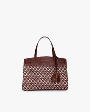 MADISON bag in brown monogram, front view with short handles and hanging leather tag