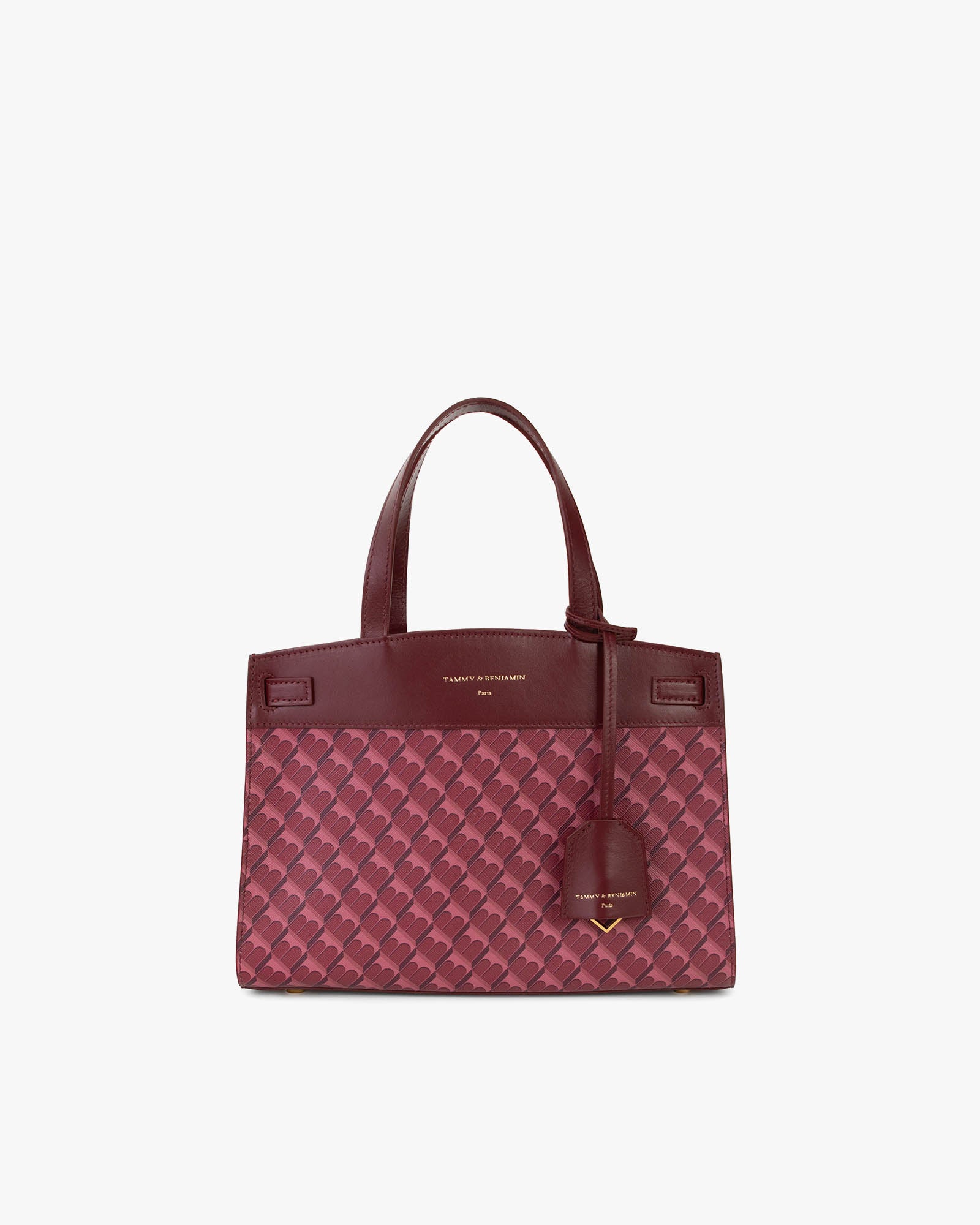 Sac MADISON Bordeaux de face, posé, avec anse courte et motif monogramme sur toile enduite