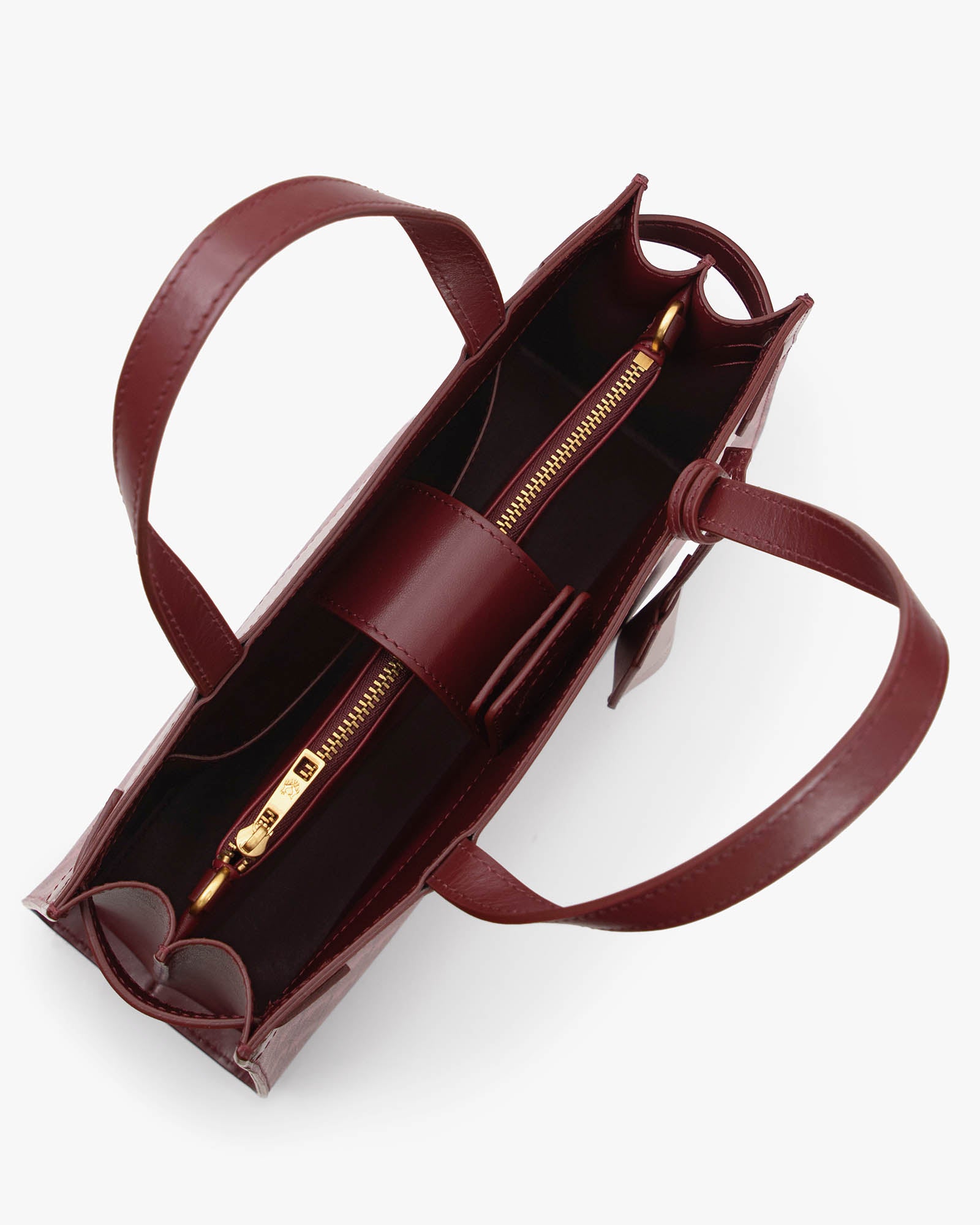 Sac MADISON Bordeaux vu de l'intérieur, compartiments ouverts et pochette centrale zippée