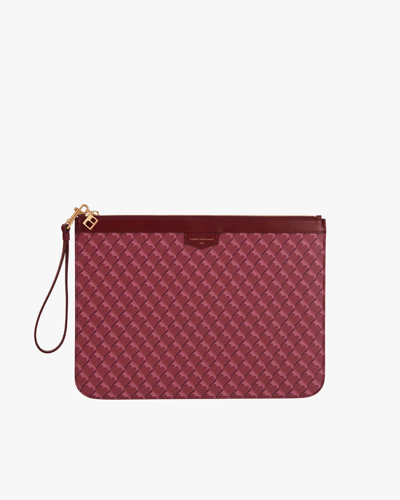 POCHETTE GM MONOGRAM Bordeaux, vue de face avec dragonne en cuir détachée, posée