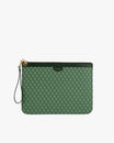 Pochette GM Monogram in green, front view, monogram pattern, leather wrist strap and gold zip