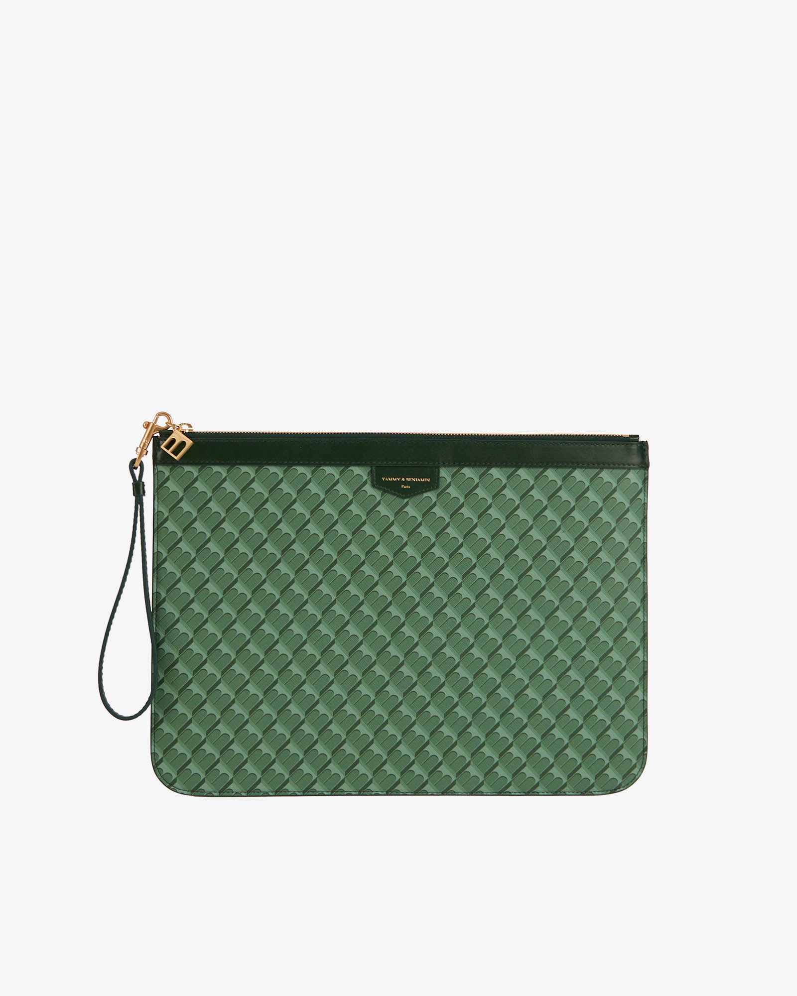 Pochette GM Monogram in green, front view, monogram pattern, leather wrist strap and gold zip
