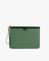 Pochette GM Monogram in green, front view, monogram pattern, leather wrist strap and gold zip