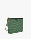 POCHETTE GM MONOGRAM in green, three-quarter view, detachable leather wristlet, standing upright