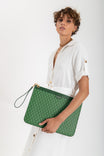 POCHETTE GM MONOGRAM in green printed coated canvas, held by the leather wrist strap