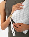 Pochette GM Monogram ivoire tenue sous le bras, détail du zip et de la dragonne en cuir blanc