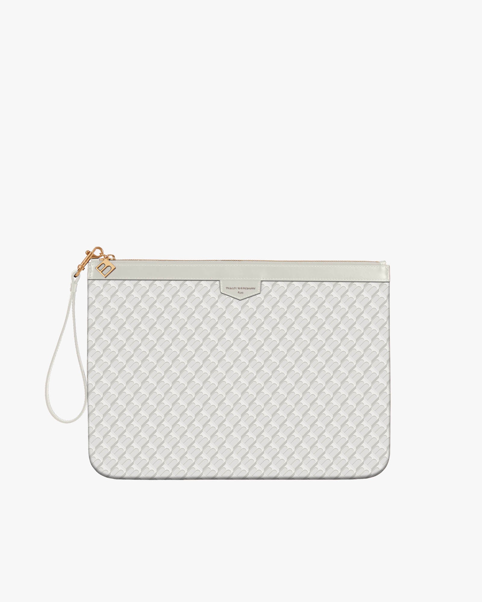 Pochette GM Monogram blanc ivoire, vue de face, dragonne en cuir détachée, zip fermé